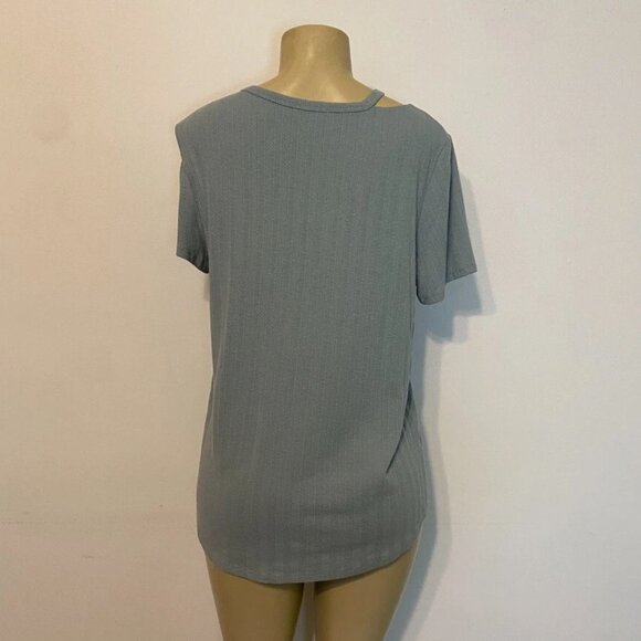 NWOT Chenault Status Top Cut-Out Ribbed Short Sleeves Slate Blue Size Large Knit - Picture 3 of 6